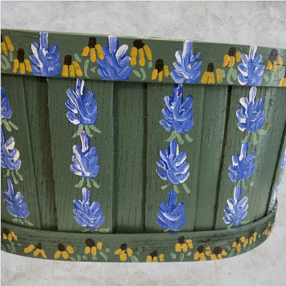SPRING BASKET -- Handpainted, Green with Texas Bluebonnets & Sunflowers, Handle - Picture 3 of 6